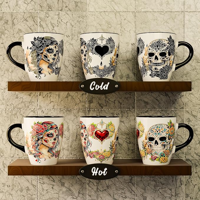 Color Changing Sugar Skull Coffee Mug 12oz – Heat Sensitive Ceramic Cup with Day of the Dead Skull & Floral Design, Gothic Halloween Theme Mug, Unique Christmas Holiday Birthday Gift for Men & Women