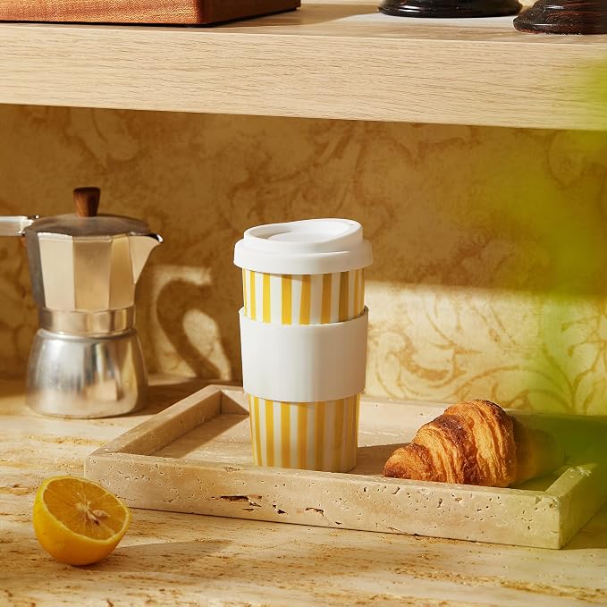 Ceramic Travel Mug with Lid (12 oz) – Cute Coffee Cup for Women & Men, Bright Aesthetic Travel Mug, Microwave & Dishwasher Safe, Fits Car Cup Holder (Yellow)