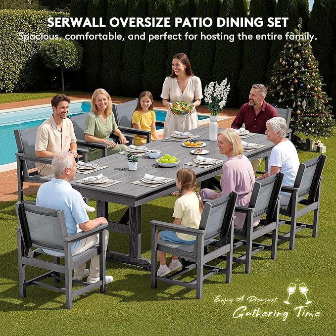SERWALL 9 Piece Outdoor Dining Set, 84" HDPE Outdoor Large Table and Texilene Chairs for 8,All Weather Patio Dining Furniture Set with Umbrella Hole for Backyard, Garden, Gray
