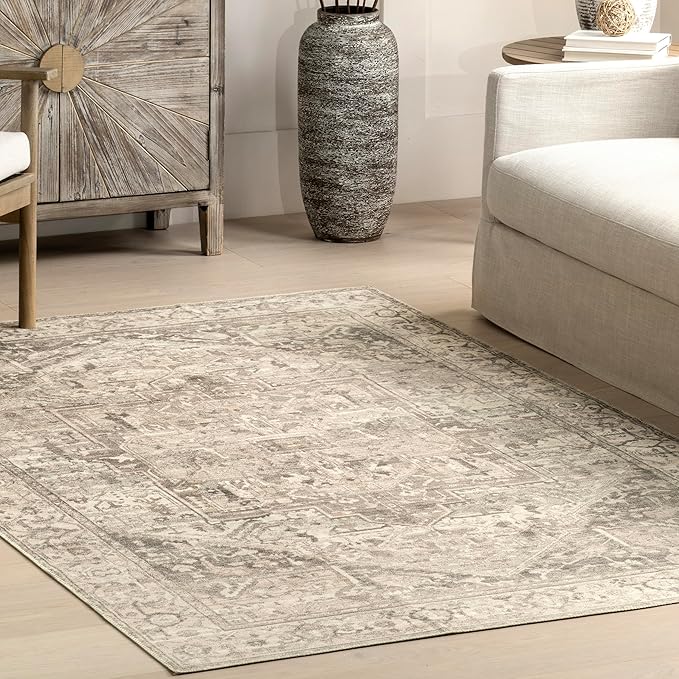 nuLOOM 2x3 Machine Washable Rain Haven Vintage Medallion Area Rug, Grey, Traditional Faded Design, Non-Slip Backing, Stain Resistant, For Bedroom, Dining Room, Living Room, Kitchen