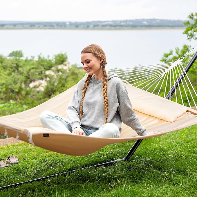 SUNCREAT Hammocks Extra Large Double Hammock with 12 ft Stand, 475lbs Capacity, Outdoor Portable Hammock with Hardwood Spreader Bar, Extra Large Pillow, Beige