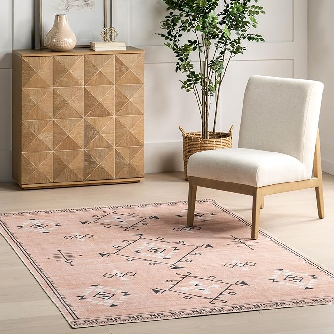 nuLOOM Evalyn Southwestern Machine Washable Ultra Thin Accent Rug, 3' x 5', Pink