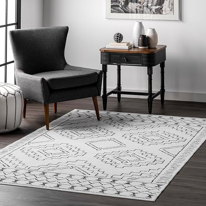 nuLOOM Noa Machine Washable Tribal Moroccan Accent Rug, 3' x 5', Ivory, Rectangular, 0.1" Thick