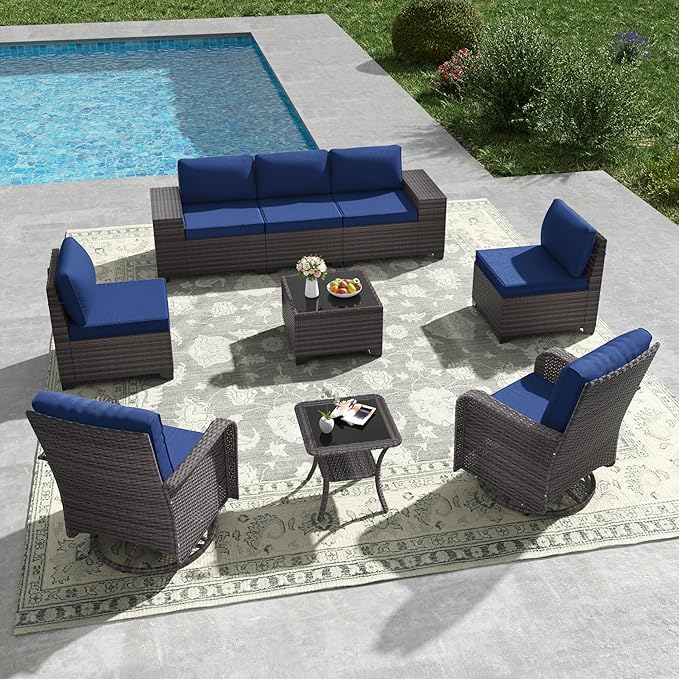 Kullavik 9 Pieces Outdoor Patio Furniture Set,PE Wicker Rattan Sectional Sofa Patio Conversation Sets with Swivel Rocking Chairs Set,Navy Blue