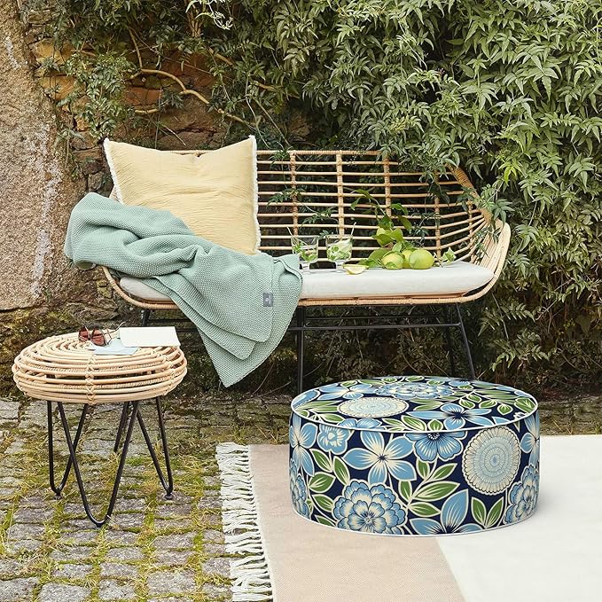 LVTXIII Inflatable Stool Ottoman Footrest with Handle, Decorative Fade-Resistant Foot Stool, Indoor or Outdoor Pouf for Home Garden and Camping Use, 21x21x9, Azure Botanical Symphony