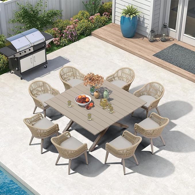 PURPLE LEAF 9 Pieces Patio Dining Set with Outdoor Aluminium Square Dining Table and Woven Rattan Chairs Modern Metal Furniture Cushions Sets for Garden Yard Indoor Decor Kitchen Champagne
