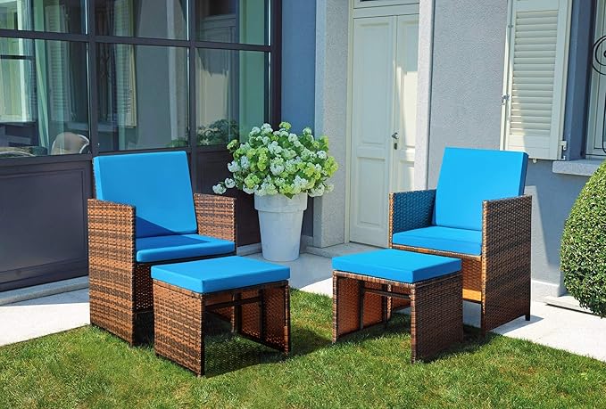 Devoko 4 Pieces Patio Wicker Furniture Set Outdoor Patio Chairs with Ottomans All Weather Cushioned Chairs Balcony Porch Furniture (Blue)