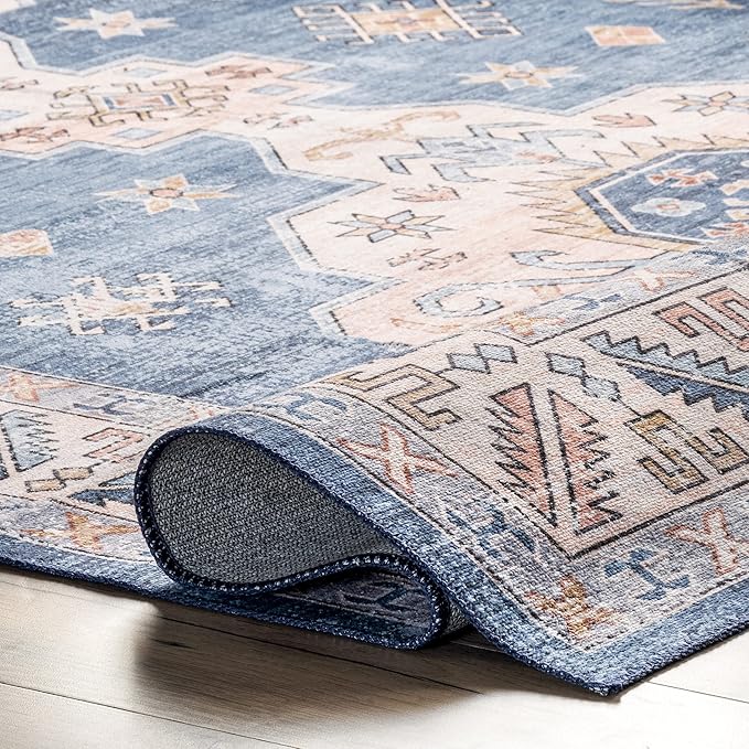 nuLOOM Norma Machine Washable Traditional Medallion Ultra Thin Runner Rug, 2' 6" x 8', Blue