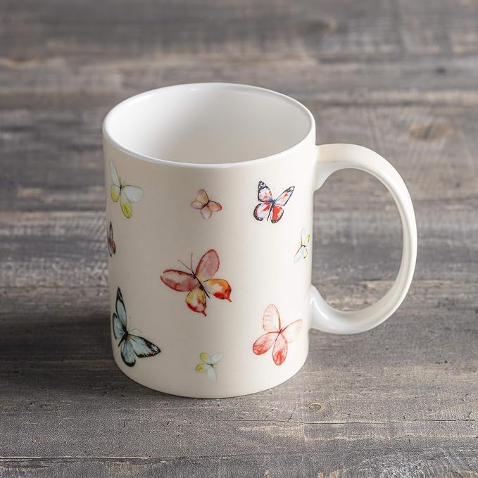 Maison d' Hermine Coffee Mug with Handles Tea Cups (12 Ounce, Pack of 1) | Fine Bone China Coffee Mugs for Hot Beverages Cappuccino Latte Home Restaurant Spring Summer -Botanical Fresh - Butterflies