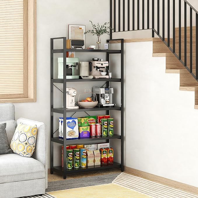 Tall Bookshelf with Large Storage,5 Tier Bookcase in Bedroom,Living Room and Office,Modern Wide Bookcase Shelf for Storing Books/Plants,Black