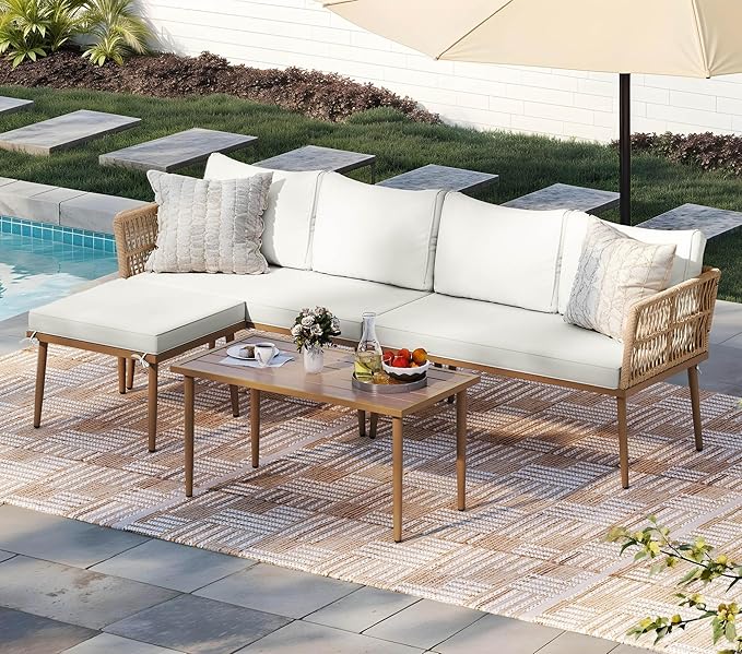 DWVO 6 Pieces Patio Furniture Set, L Couch Outdoor with Coffee Table&Washable Cushions, Outdoor Patio Sectional Wicker Rattan Conversation Sectional Set for Garden Yard Pool Beige
