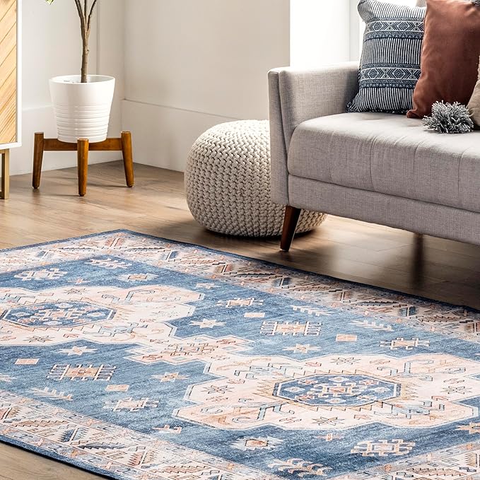 nuLOOM Norma Machine Washable Traditional Medallion Ultra Thin Runner Rug, 2' 6" x 8', Blue