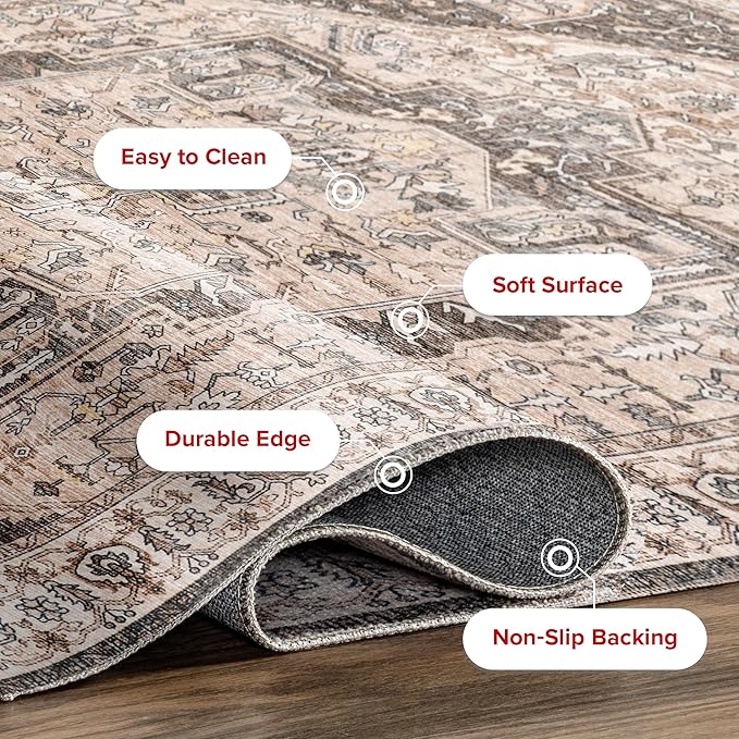 nuLOOM 4x6 Machine Washable Rain Haven Vintage Medallion Area Rug, Brown, Traditional Faded Design, Non-Slip Backing, Stain Resistant, For Bedroom, Dining Room, Living Room, Kitchen