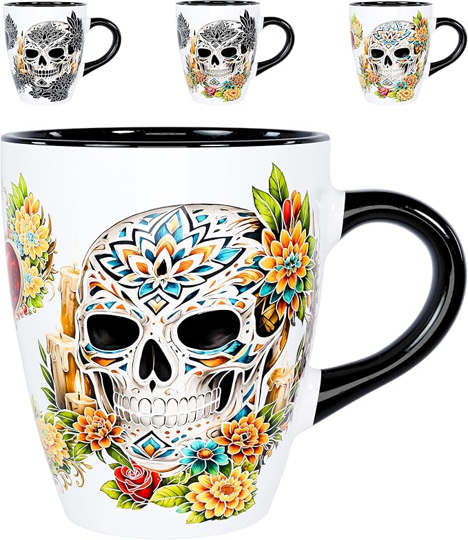 Color Changing Sugar Skull Coffee Mug 12oz – Heat Sensitive Ceramic Cup with Day of the Dead Skull & Floral Design, Gothic Halloween Theme Mug, Unique Christmas Holiday Birthday Gift for Men & Women