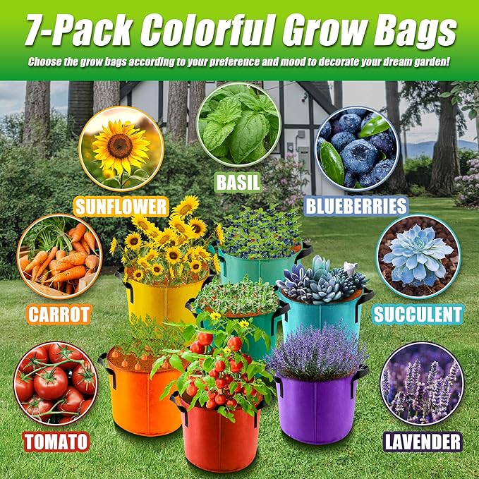 10 Gallon Grow Bags, 7 Pack Colorful Fabric Plant Pots with Handles for Garden and Outdoor Planting