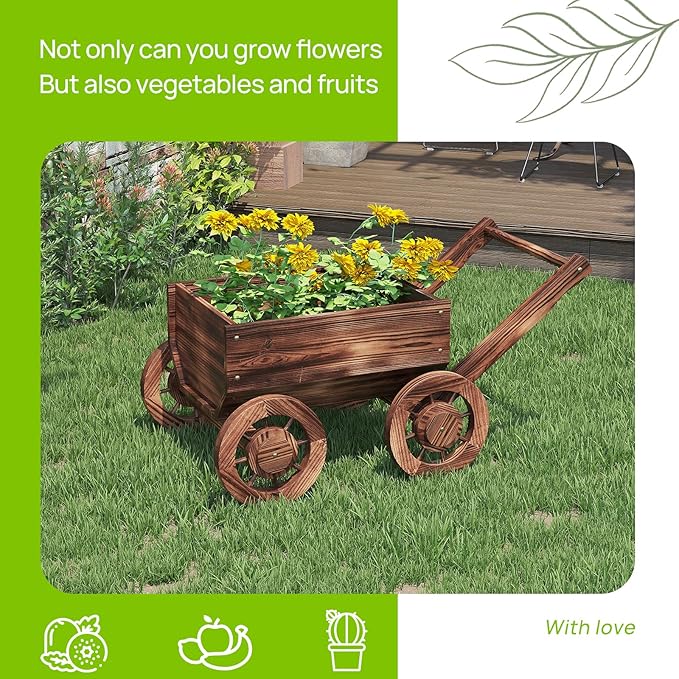 Wooden Flower Cart with Wheels Wooden Wagon Planter Outdoor Garden Planter Decor Planter Kit for Patio Balcony Trolley Decoration Succulent Flower Pot, Indoor Backyard Balcon Decor(Small)