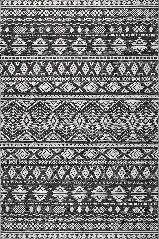 nuLOOM Madlyn Tribal Machine Washable Ultra Thin Area Rug, 5' x 8', Charcoal