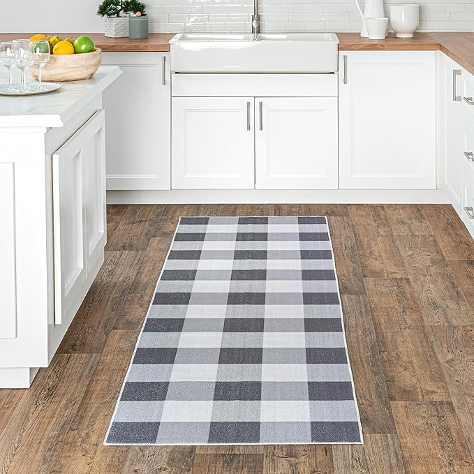 nuLOOM Lucy Machine Washable Farmhouse Buffalo Plaid Ultra Thin Runner Rug, 2' 6" x 10', Grey