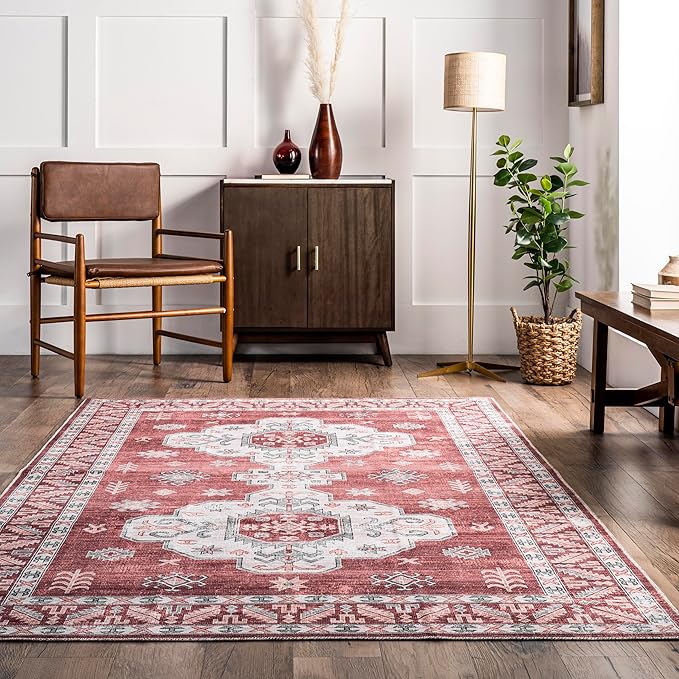 nuLOOM Norma Machine Washable Traditional Medallion Ultra Thin Area Rug, 3' x 5', Rust