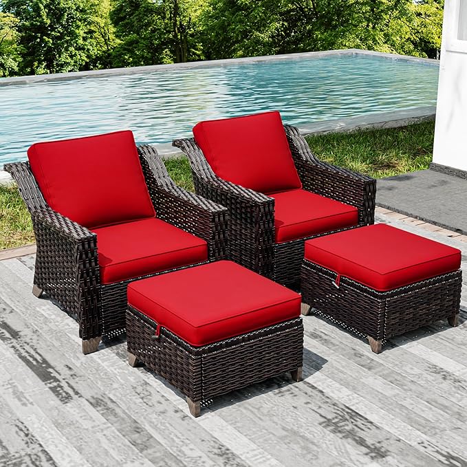 Joyside Wicker Patio Furniture Sets, 4 Pieces Upgraded Large Size Outdoor Furniture with Patio Dining Chairs and Outdoor Ottoman, Thick Cushions, Wide Armrest