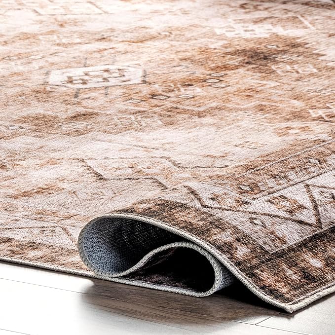nuLOOM Dorota Machine Washable Geometric Medallion Ultra Thin Area Rug, 6' x 9', Beige