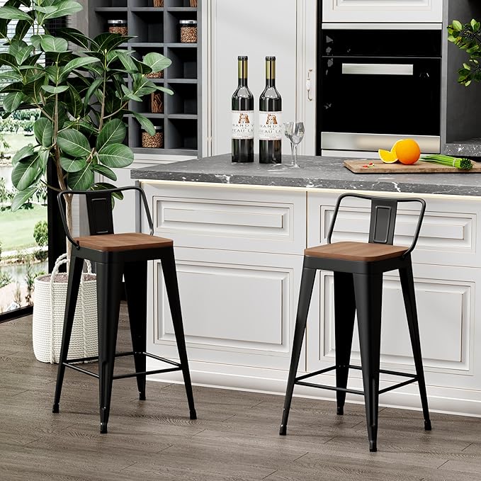 WENTMENT Metal Bar Stools Set of 2 Counter Height Barstools with Removable Back 26" Kitchen Bar Stools with Wooden Seat, Black