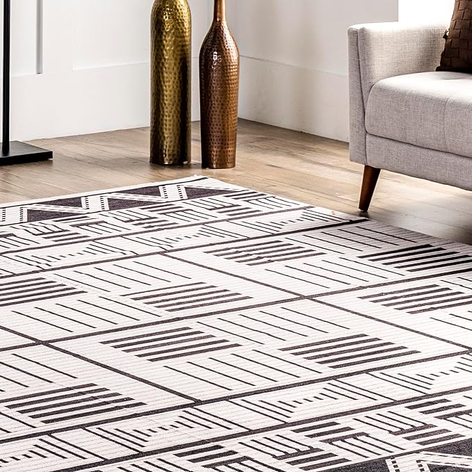 nuLOOM Evia Tribal Stripes Machine Washable Ultra Thin Area Rug, 5' x 8', Charcoal