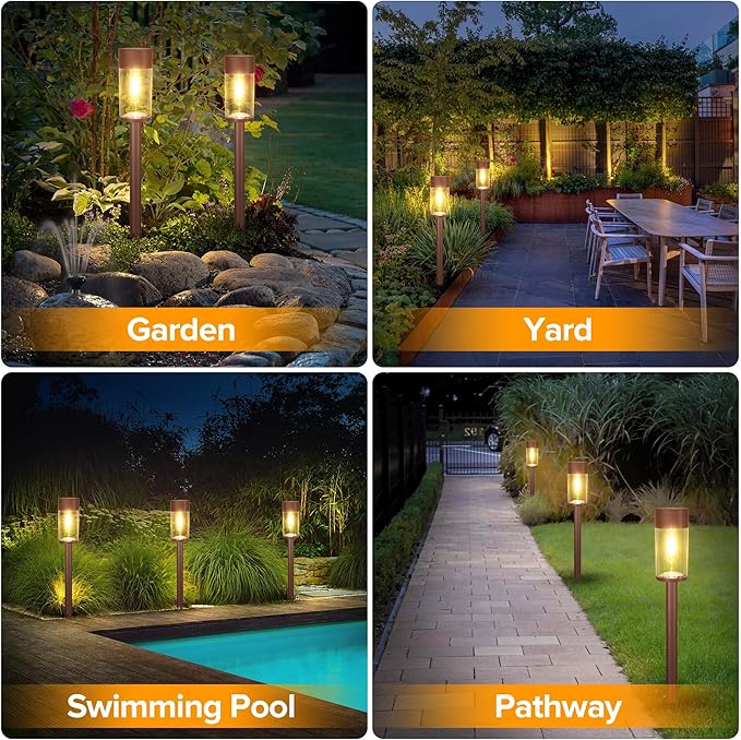 UME 2 Pack Solar Pathway Lights Outdoor, Bright Solar Garden Lights with Metal Design–IP65 Waterproof, Auto On/Off, 3000K LED Landscape Lighting for Yard, Lawn, Walkway, Driveway, Patio Decor