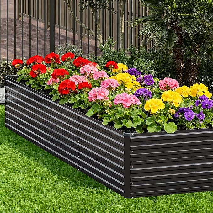 Vengarus 12x4x2FT Galvanized Raised Garden Bed Kit, Large Rectangle Elevated Planter for Vegetables, Flowers, Herbs and Succulents - 718 Gallon Capacity, Black