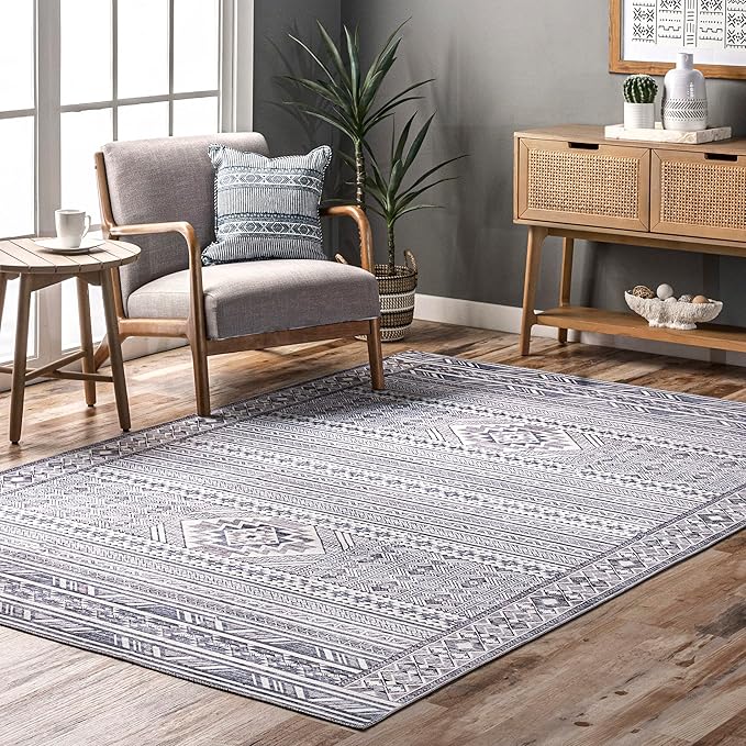 nuLOOM Jenine Southwestern Machine Washable Ultra Thin Area Rug, 4x6, Grey