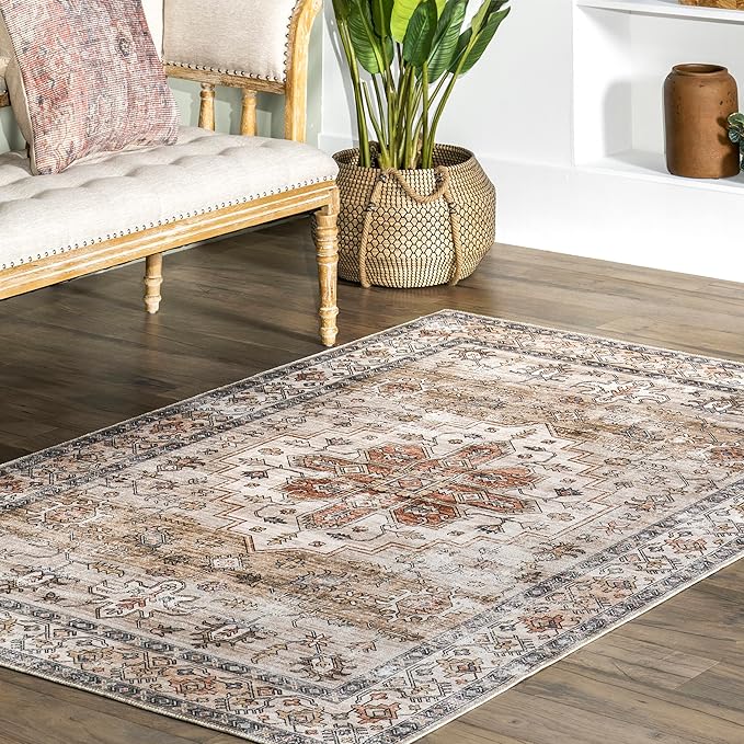 nuLOOM Dawson Machine Washable Distressed Medallion Ultra Thin Area Rug, 8' x 10', Beige