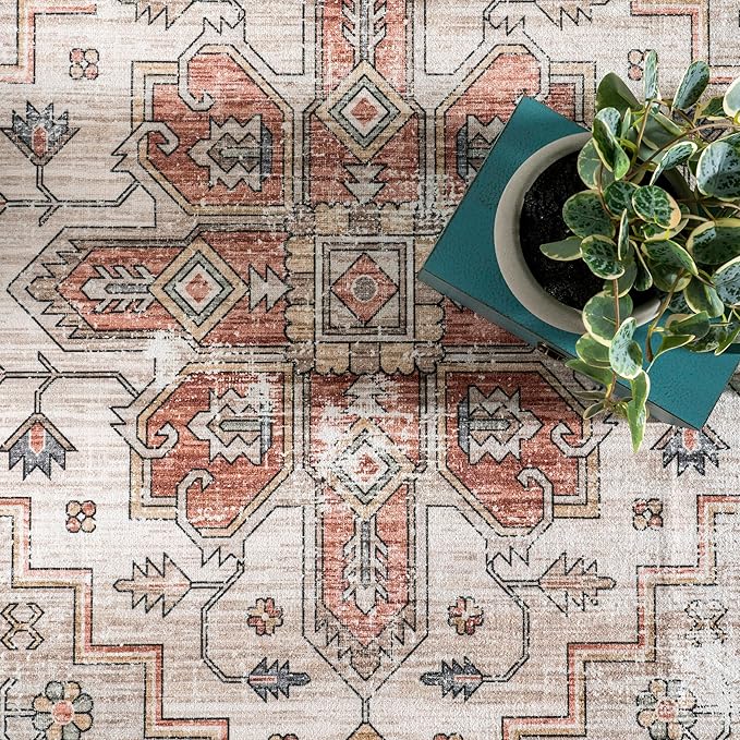 nuLOOM Dawson Machine Washable Distressed Medallion Ultra Thin Area Rug, 8' x 10', Beige