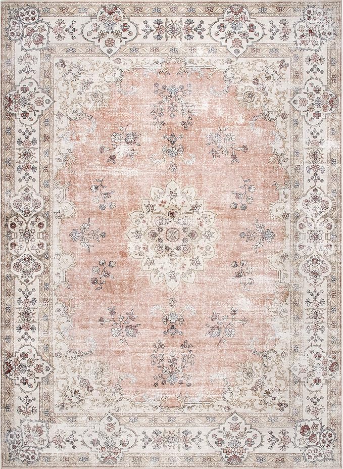 nuLOOM Ren Vintage Floral Machine Washable Ultra Thin Area Rug, 6' Square, Peach