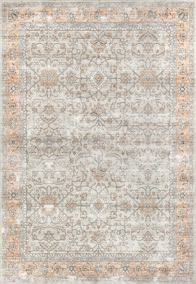 nuLOOM Marlena Faded Floral Machine Washable Ultra Thin Area Rug, 5' x 8', Peach