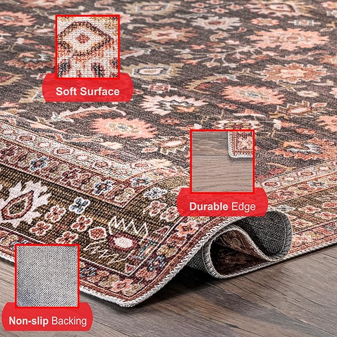 nuLOOM Cathie Persian Floral Machine Washable Ultra Thin Area Rug, 6' x 9', Beige