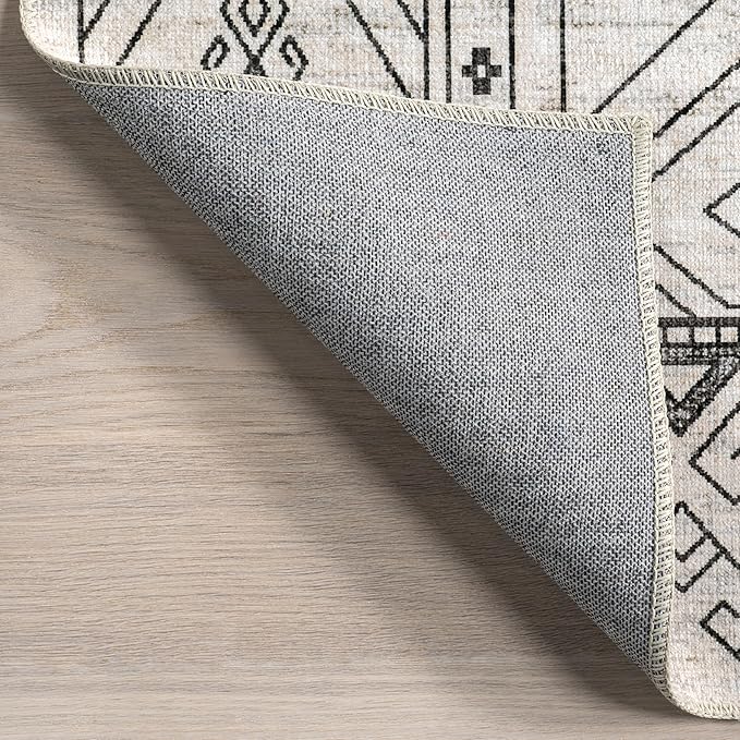 nuLOOM Malena Tribal Bordered Machine Washable Ultra Thin Runner Rug, 2' 6" x 8', Light Grey