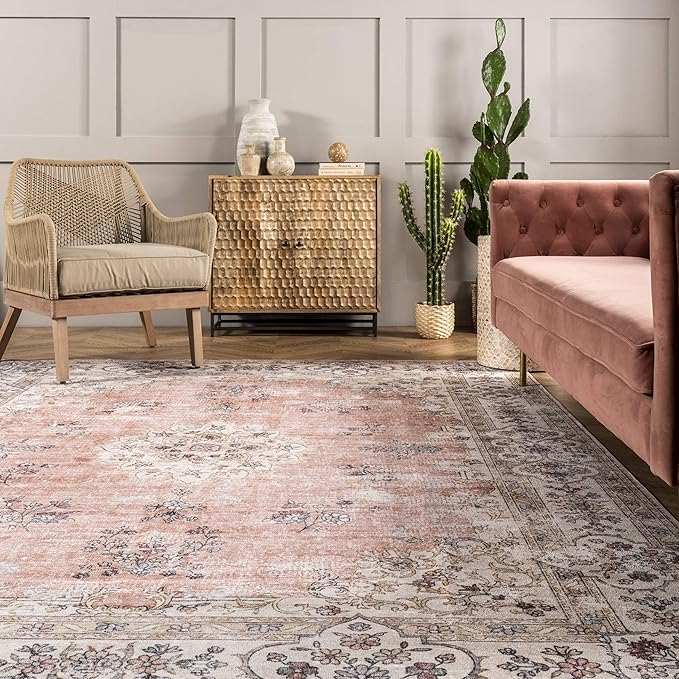 nuLOOM Ren Vintage Floral Machine Washable Ultra Thin Area Rug, 6' Square, Peach