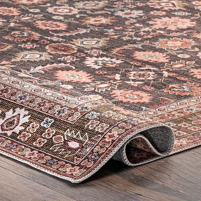 nuLOOM Cathie Persian Floral Machine Washable Ultra Thin Area Rug, 6' x 9', Beige