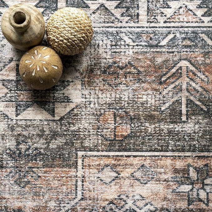 nuLOOM 2x3 Machine Washable Rain Haven Vintage Medallion Area Rug, Rust, Traditional Faded Design, Non-Slip Backing, Stain Resistant, For Bedroom, Dining Room, Living Room, Kitchen