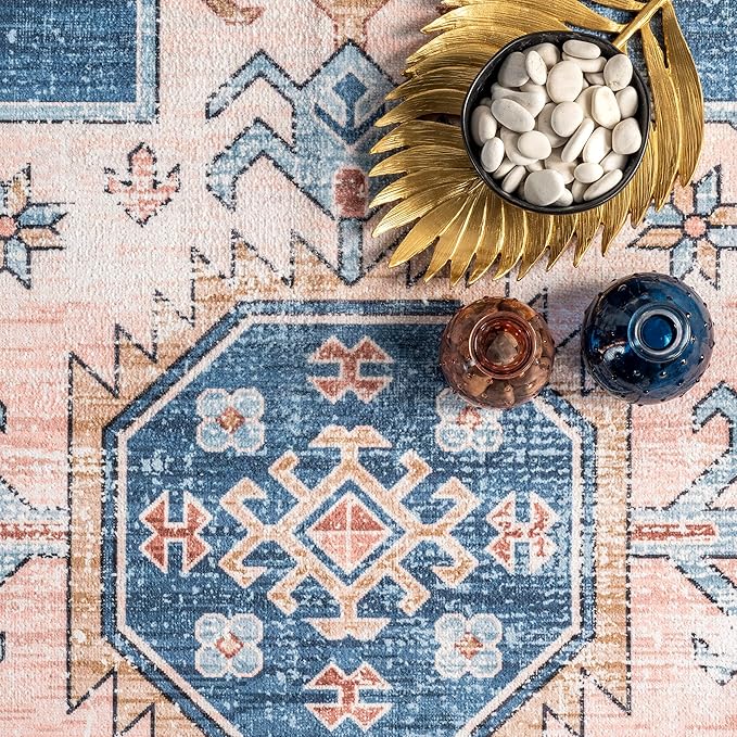nuLOOM Norma Machine Washable Traditional Medallion Ultra Thin Runner Rug, 2' 6" x 8', Blue
