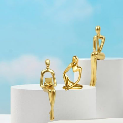 Prettidecor Gold Decor Reading Thinker Resin Statues Set of 3 | Office Coffee Shelf Table Desk Decor Abstract Decoration for Living Room Bedroom Collectable Figurines