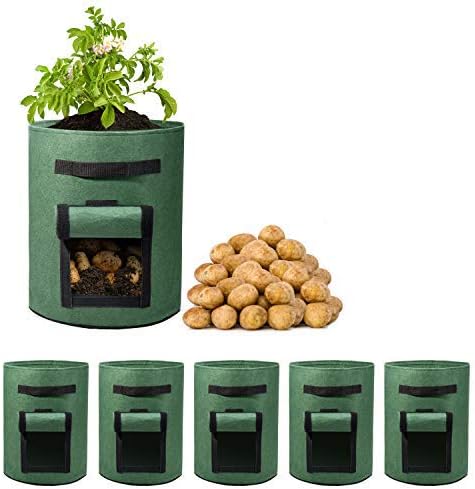 Delxo 5 Pack 10 Gallon Potato Grow Bags, Garden Planting Growing Bag with Flap, Double Layer Breathable Nonwoven Cloth for Potatoes/Planter/Vegetable/Tomato Fabric Pots with Handles Green
