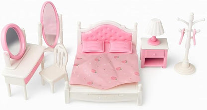 Family Dollhouse Bedroom Set — Bed, Pillows & Bedspread, Vanity with Mirror, Nightstand, Floor Mirror, Chair, Lamp, Coat Rack & Hangers — Dollhouse Furniture & Accessories for Ages 3+