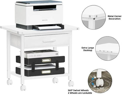 Lerliuo Under Desk Rolling Printer Stand with Drawer, 2-Tier Industrial Mobile Printer Table Desk with Storage Shelf and Steel Frame, Printer Cart Holder with Lockable Wheels for Home, Office (White)