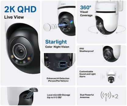 TP-Link Tapo 2K QHD Outdoor Pan/Tilt Wi-Fi Security Camera, 360° View, Motion Tracking, Color Night Vision, Free Person/Vehicle/Motion Detection, Cloud & SD Card Storage, 24/7 Recording, Tapo C520WS…