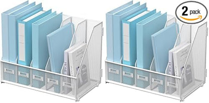 SUPEASY Desk Organizers Metal Desk Magazine File Holder with 5 Vertical Compartments Rack File Organizer for Office Desktop, Home Workspace, White (Pack of 2)
