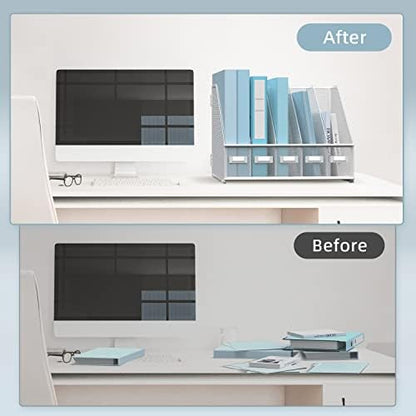 SUPEASY Desk Organizers Metal Desk Magazine File Holder with 5 Vertical Compartments Rack File Organizer for Office Desktop, Home Workspace, White (Pack of 2)