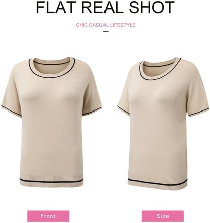 SHEWIN Womens Tops Trendy Short Sleeve Shirts Crewneck Lightweight Knit Sweater Top Business Casual Outfits