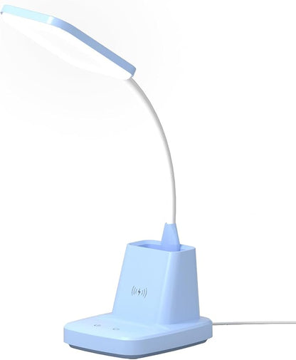 LED Desk Lamp with 10W Wireless Charging & Pen Holder, Blue | CRI 95, 800LM, Stepless Dimming, 3 Modes, 360°Flexible Arm, Touch, Study Table Lamp for Home Office, Dorm Room, with Adapter