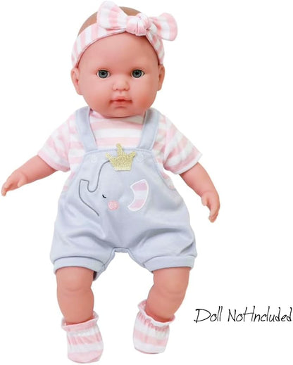 JC Toys | Berenguer Boutique | Baby Doll Outfit | Gray Overall Shorts with Pink Stripes | Includes Headband and Booties | Ages 2+ | Fits Dolls 14"- 16"
